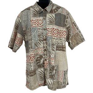 Kahala Mens Hawaiian Button-Up Shirt Large Brown Red Blue Aloha Tropical EUC